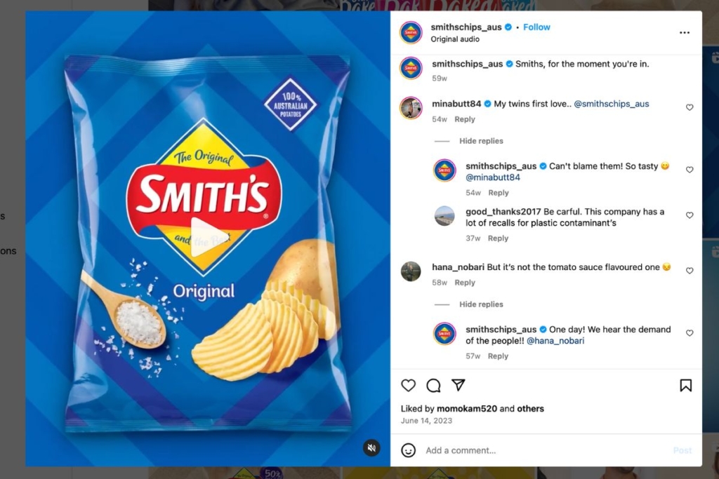 Social Media Community Management - Smiths Chips Instagram Comment Replies