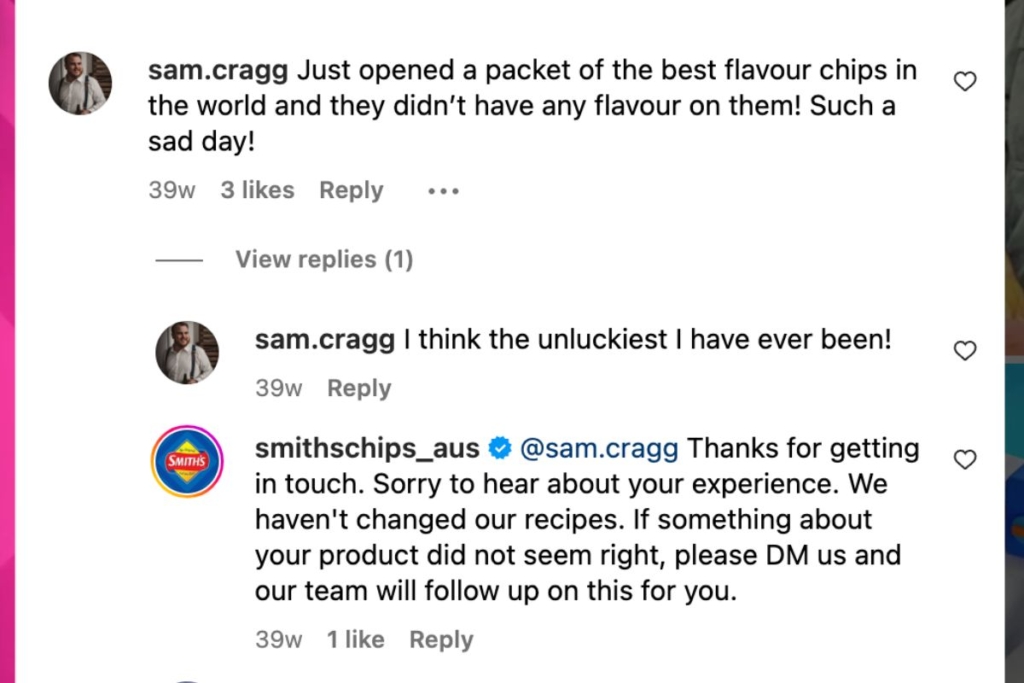 Social Media Community Management - Smiths Chips Instagram Comment Reply