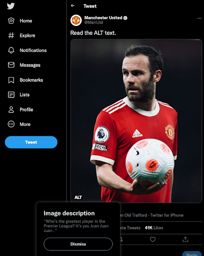 manchester united twitter account showing example of alt text