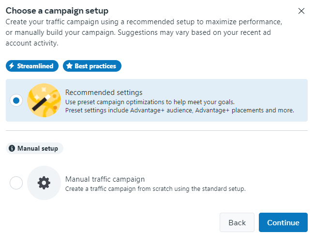 prompt from facebook to use broad targeting settings for a paid campaign