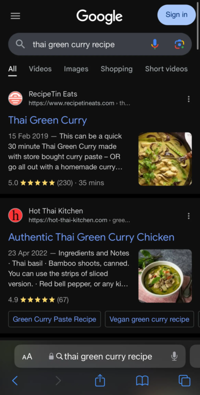 Google search results for a Thai Green Curry recipe