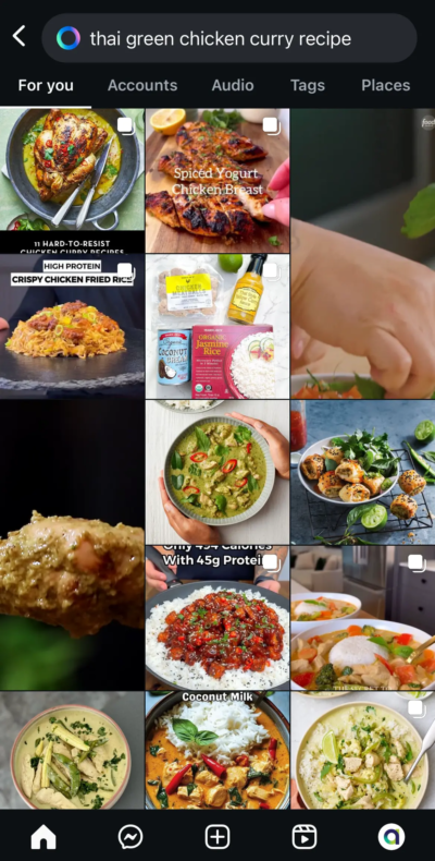 Instagram search results for a Thai Green Curry recipe