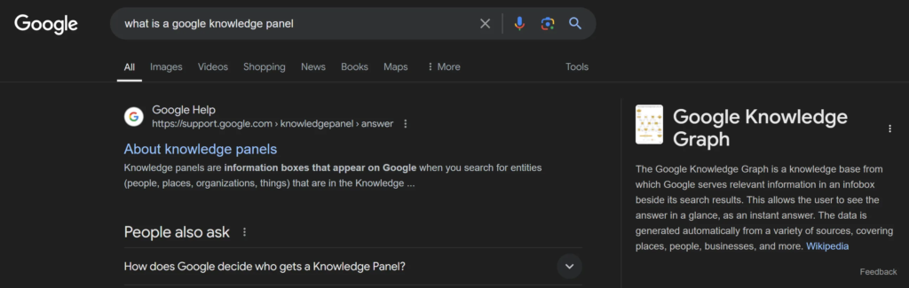 Example of a knowledge panel on Google search results