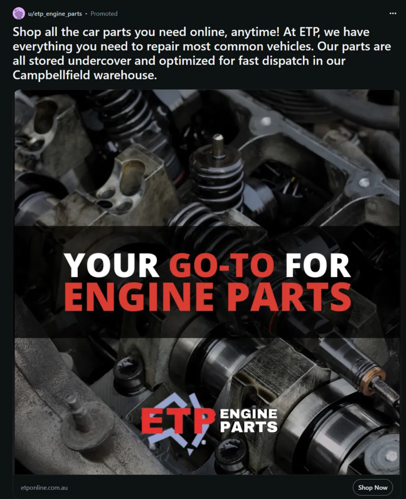 Example of a Reddit Ad from ETP Engine Parts