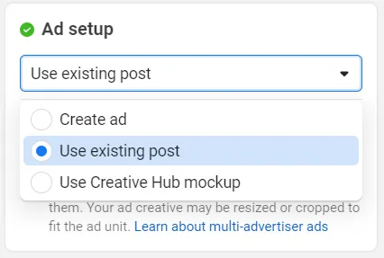 How to create an ad using the Use Existing Post feature on Meta Ads