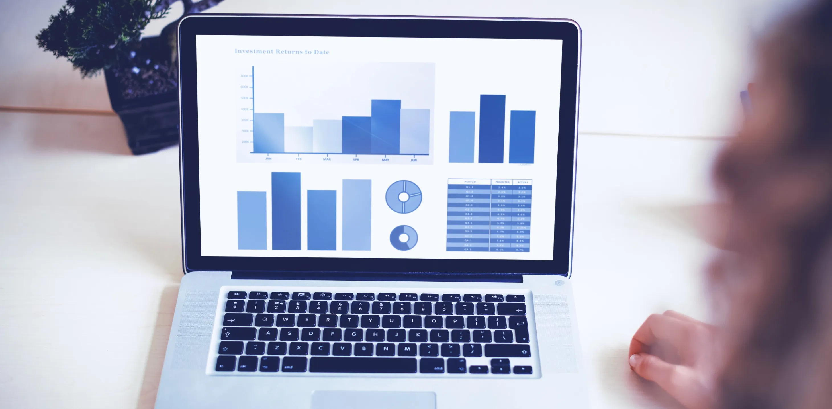 Laptop with Social Media Reporting charts and graphs on screen