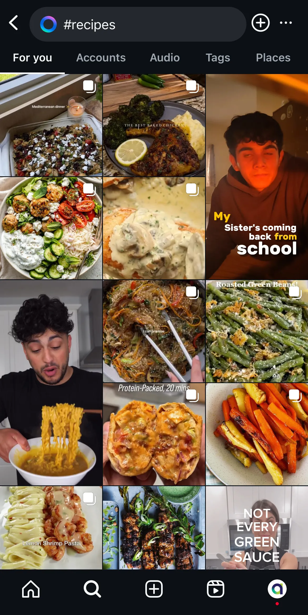 A hashtag search for food recipes on Instagram