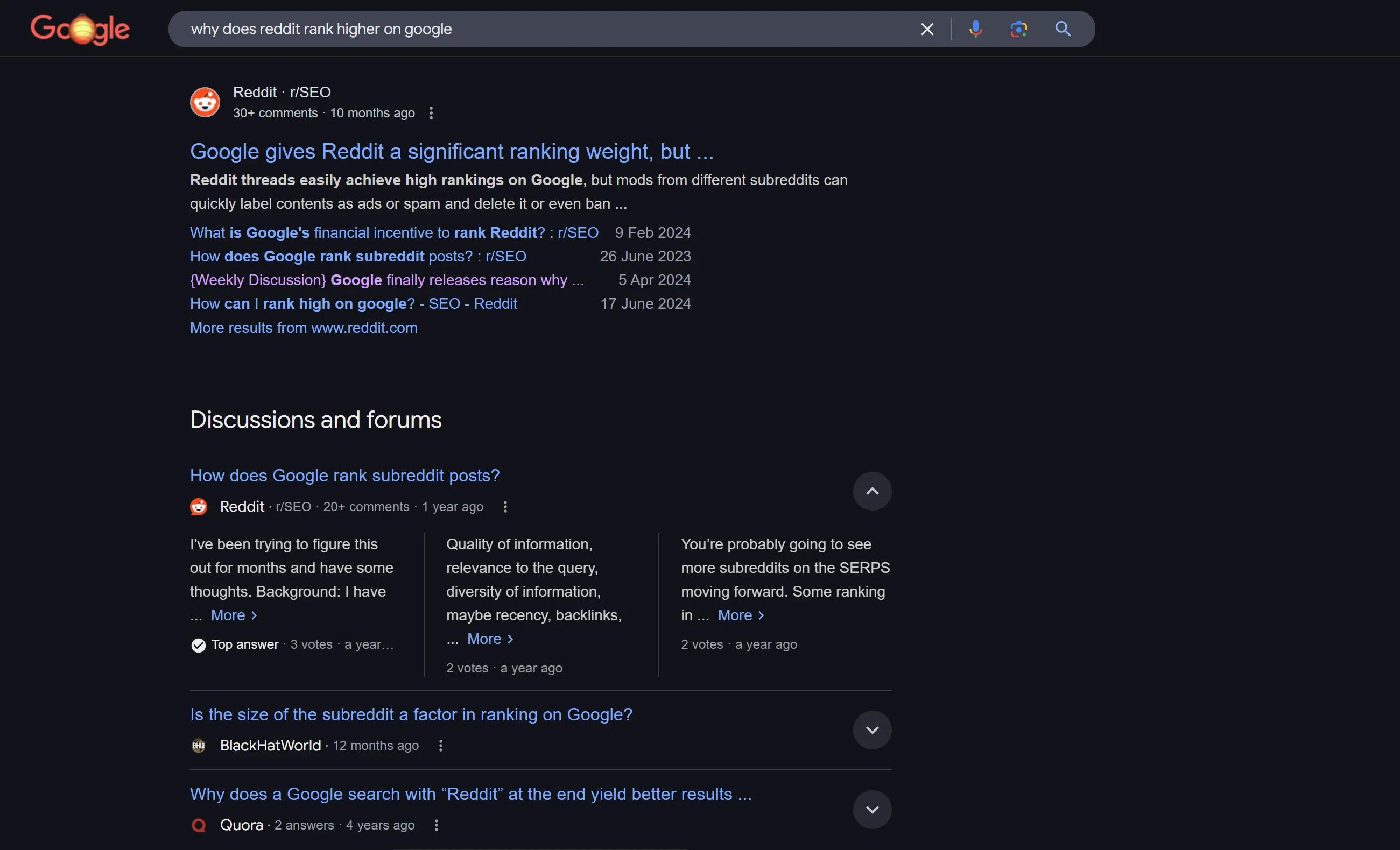 Search engine results page showing why Reddit ranks higher on Google