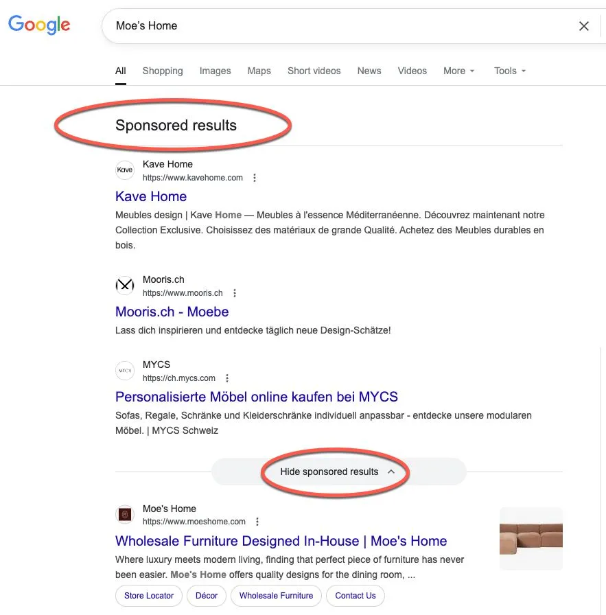 Google's new SERP layout showing 'Sponsored results'