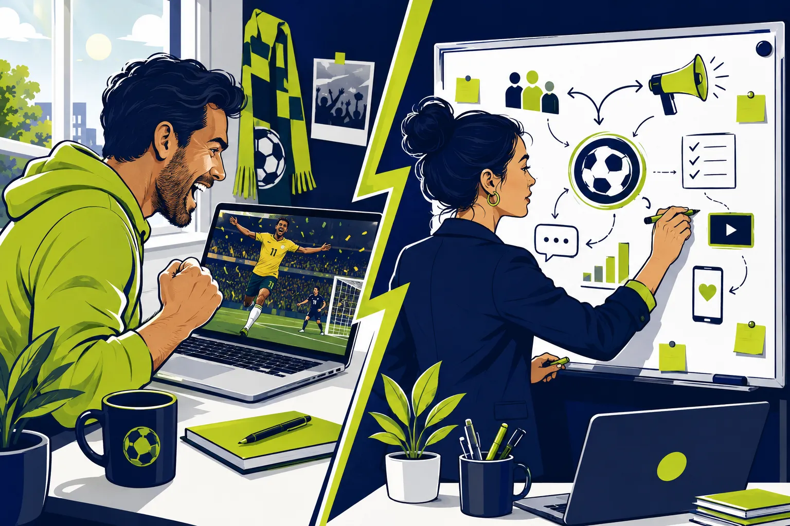 What SBS’s World Cup Campaign Can Teach Every Marketer About Moment Marketing A dynamic split scene — on one side, a person watching football on a laptop at a desk during the day, looking excited with a coffee nearby; on the other side, a marketer at a whiteboard planning a campaign.