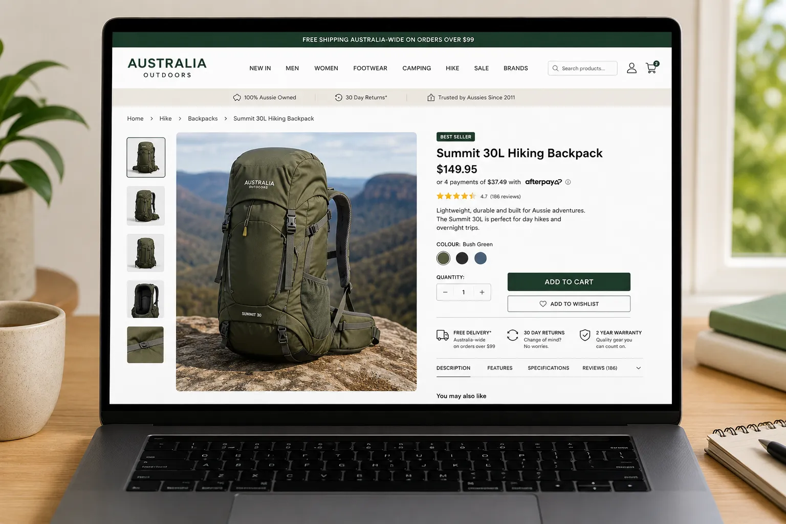 Example of an eCommerce product page displayed on a laptop, showing a hiking backpack with product images, pricing, reviews and shipping information.