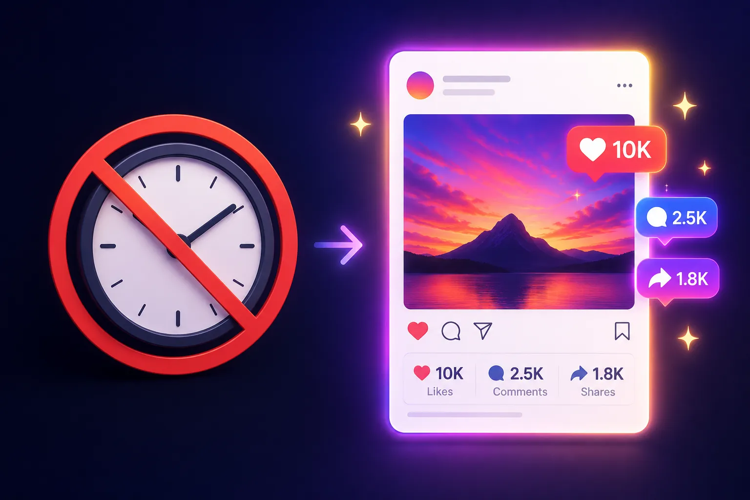 social media posting time A clock with a cross through it next to a glowing social media feed showing high engagement